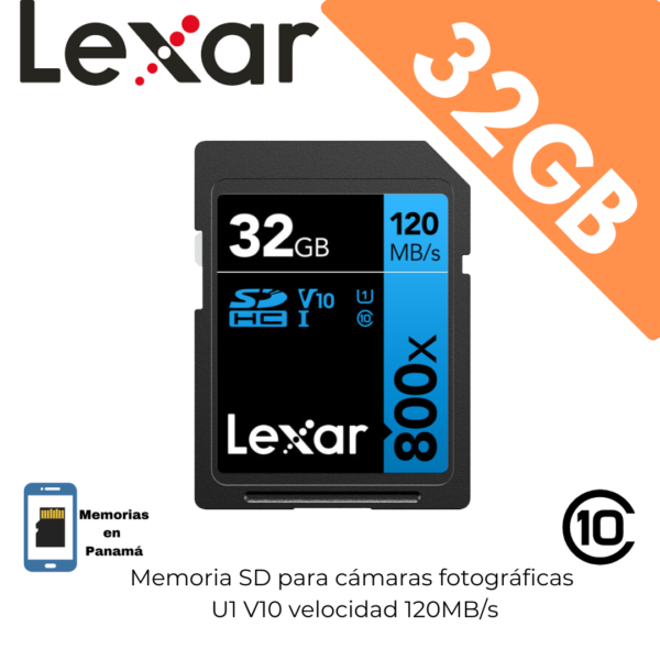 Memoria SD 32GB marca Lexar  120mb/s 800x v10 A1